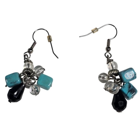 Boho Dangle Earrings Turquoise Color Acrylic Beads Black Clear Cluster Southwest - Picture 7 of 7